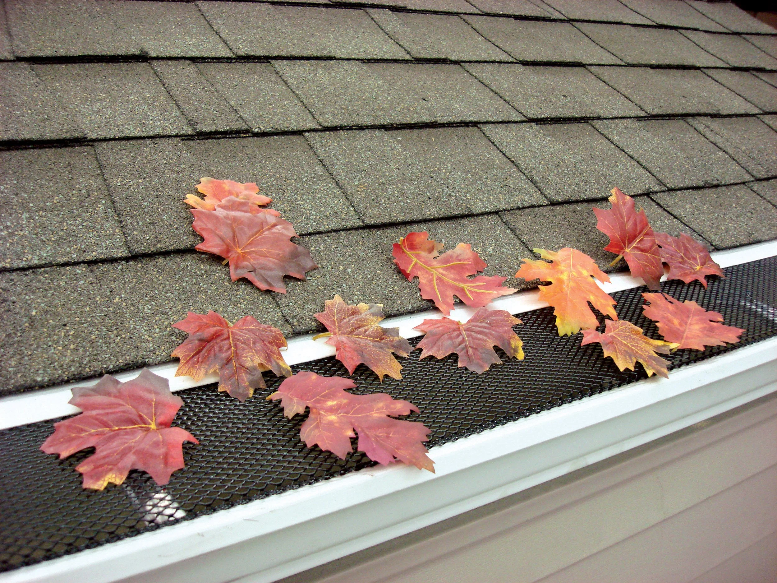 eavestrough with micro-mesh guard showing maple leaves, light icicles, and the city skyline blurred behind