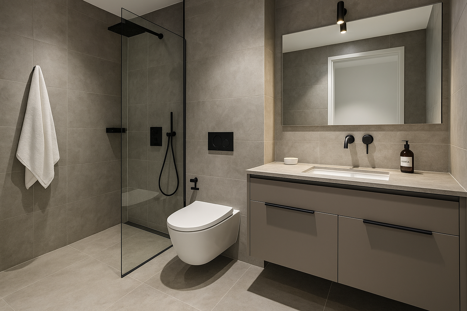 microcement bathroom with walk in shower and wall hung vanity