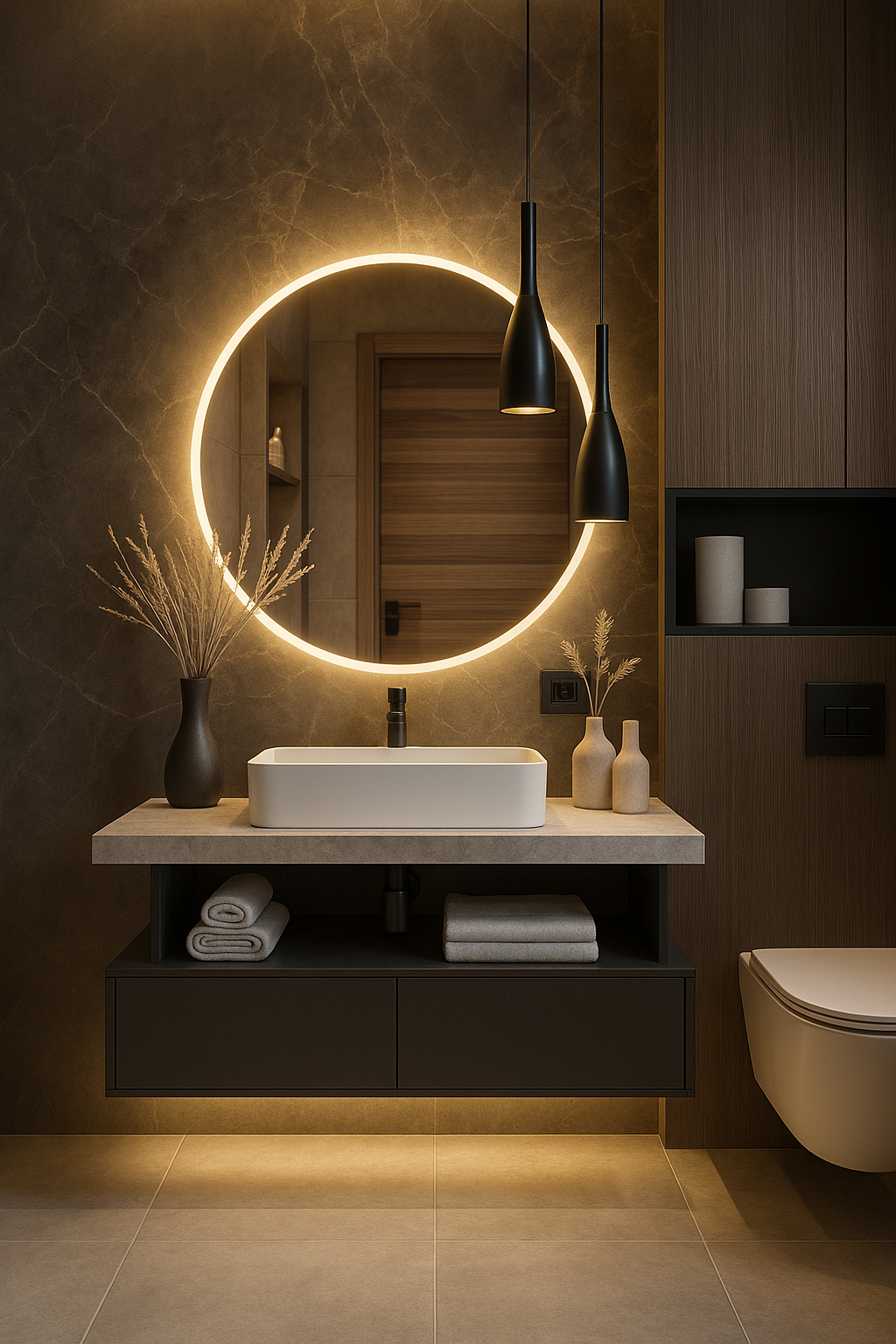 backlit modern bathroom mirror above floating vanity