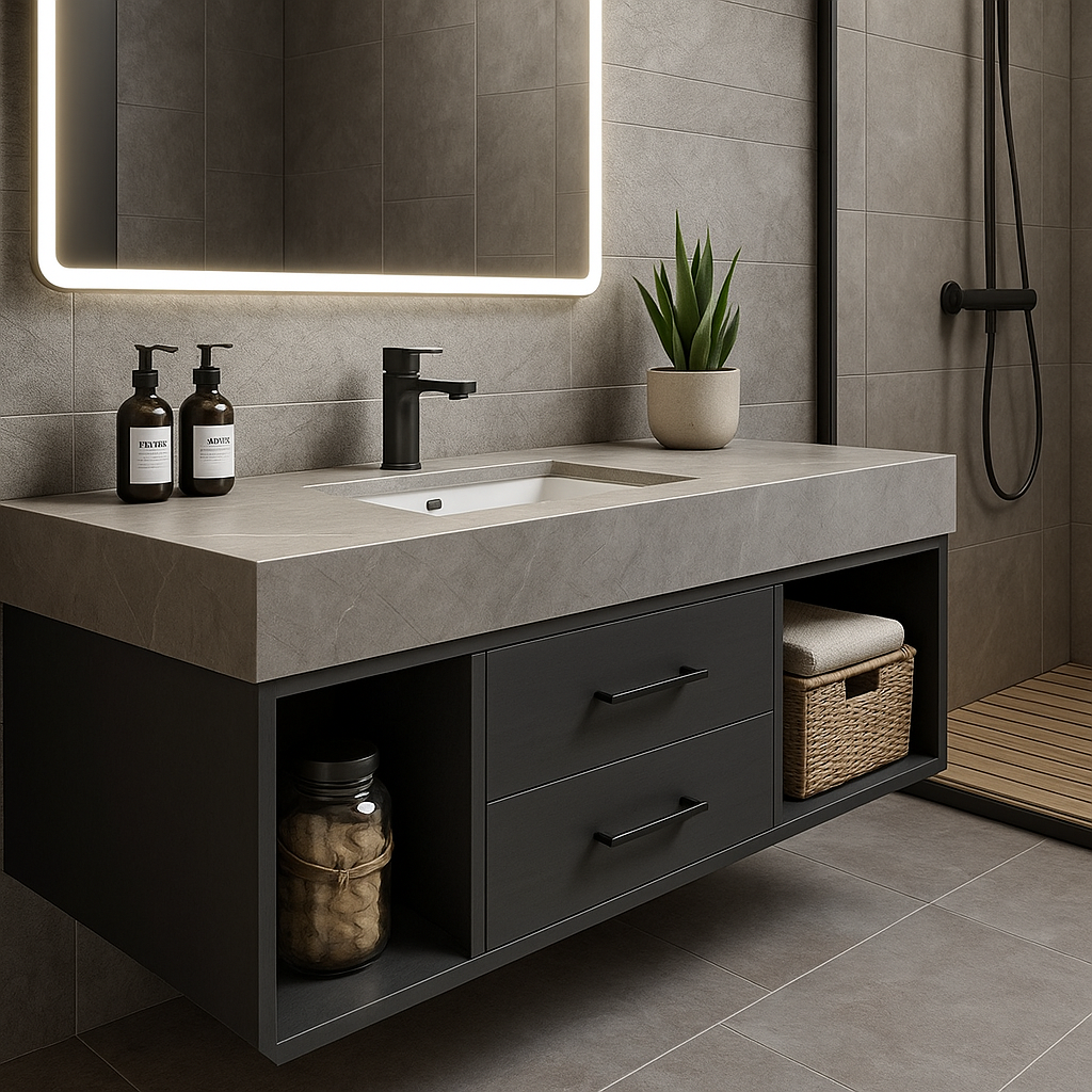 modern floating bathroom vanity and frameless shower