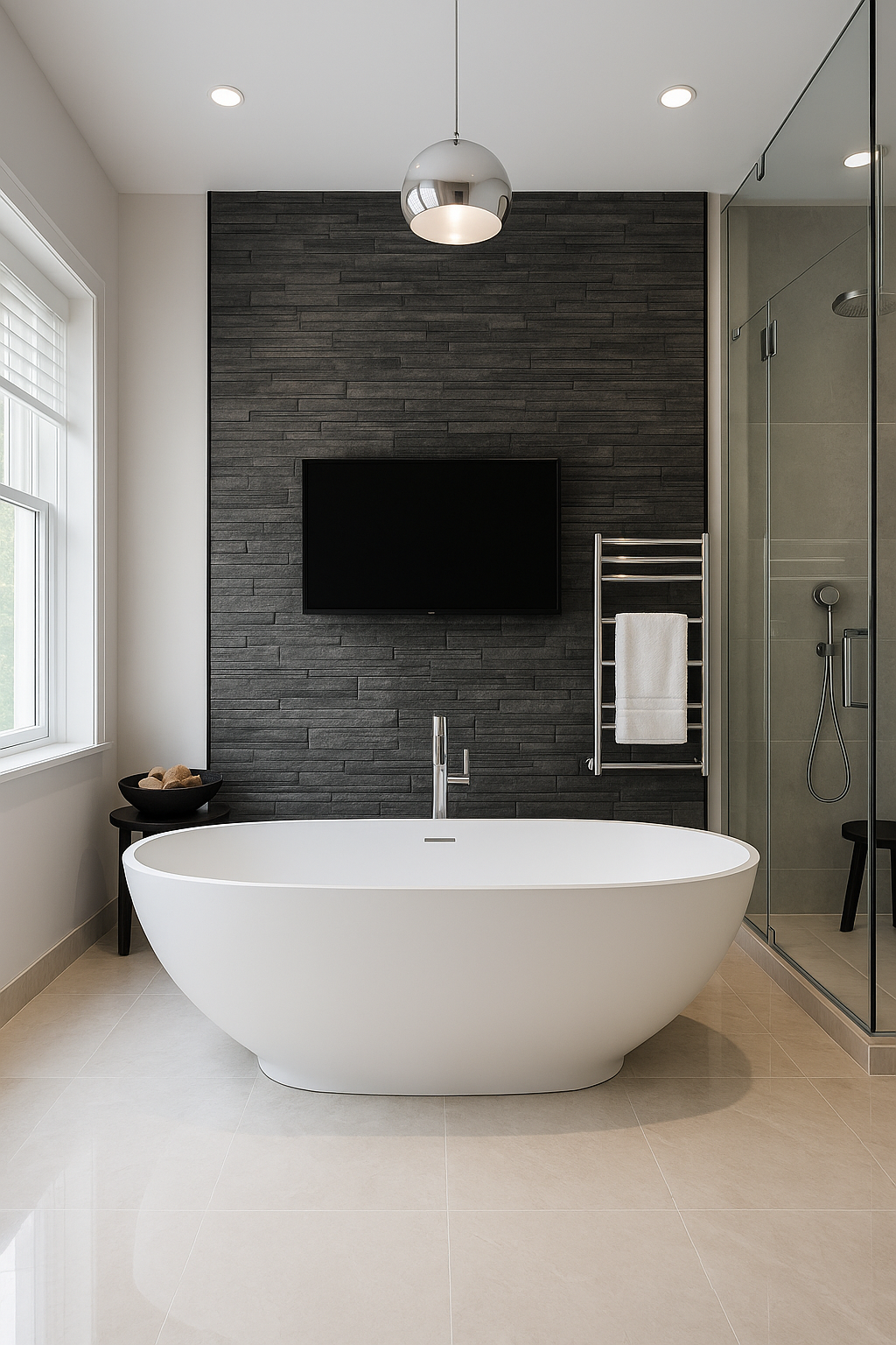 modern freestanding tub in a wet room layout